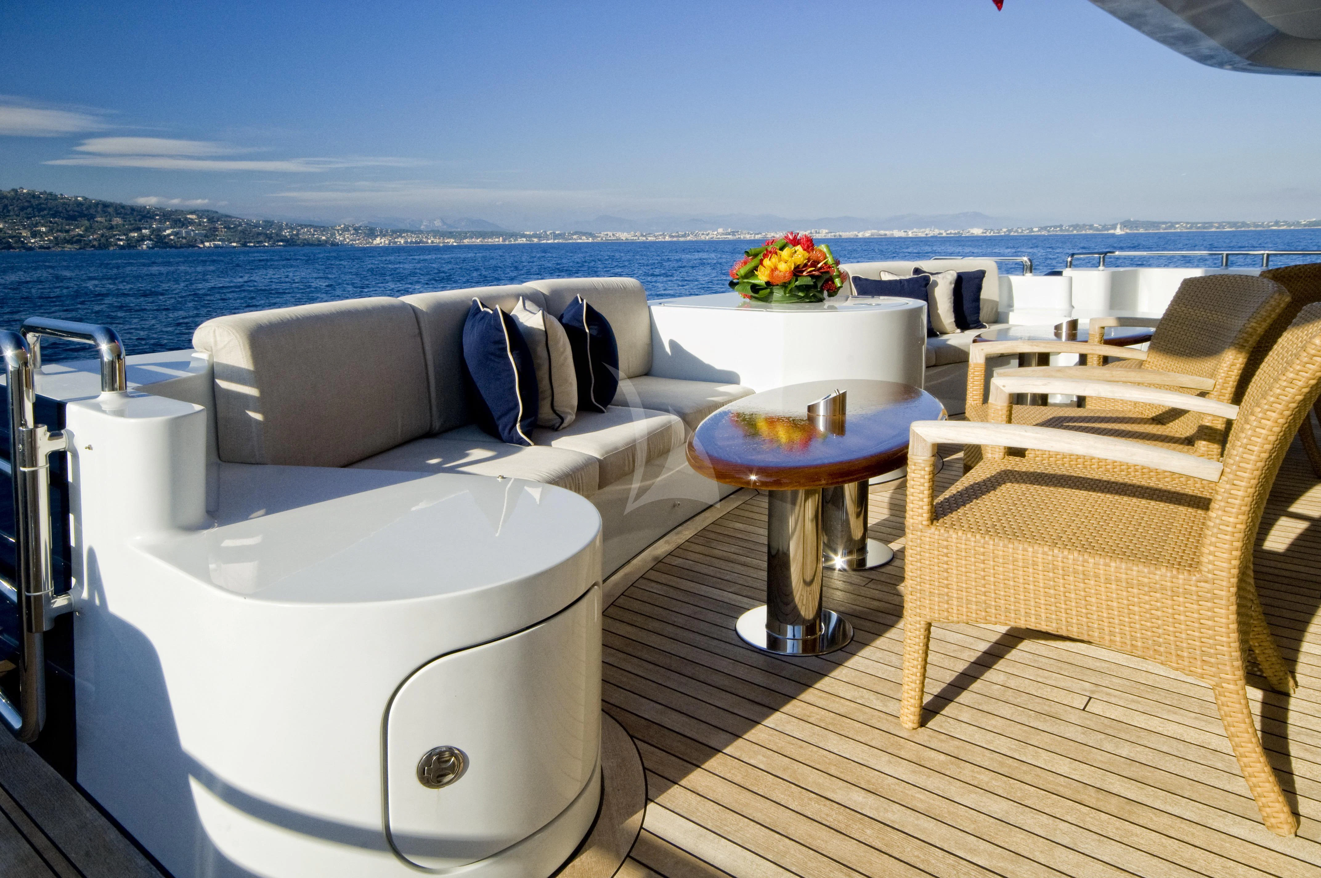a balcony with a table and chairs aboard KIJO Yacht for Sale