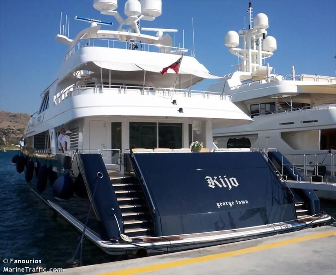 a large white boat with a black deck and a black boat on it aboard KIJO Yacht for Sale