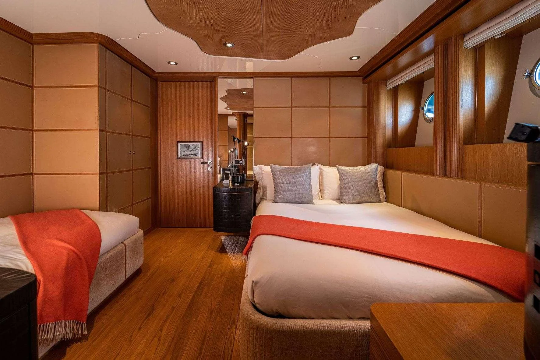 a room with two beds aboard KIJO Yacht for Sale