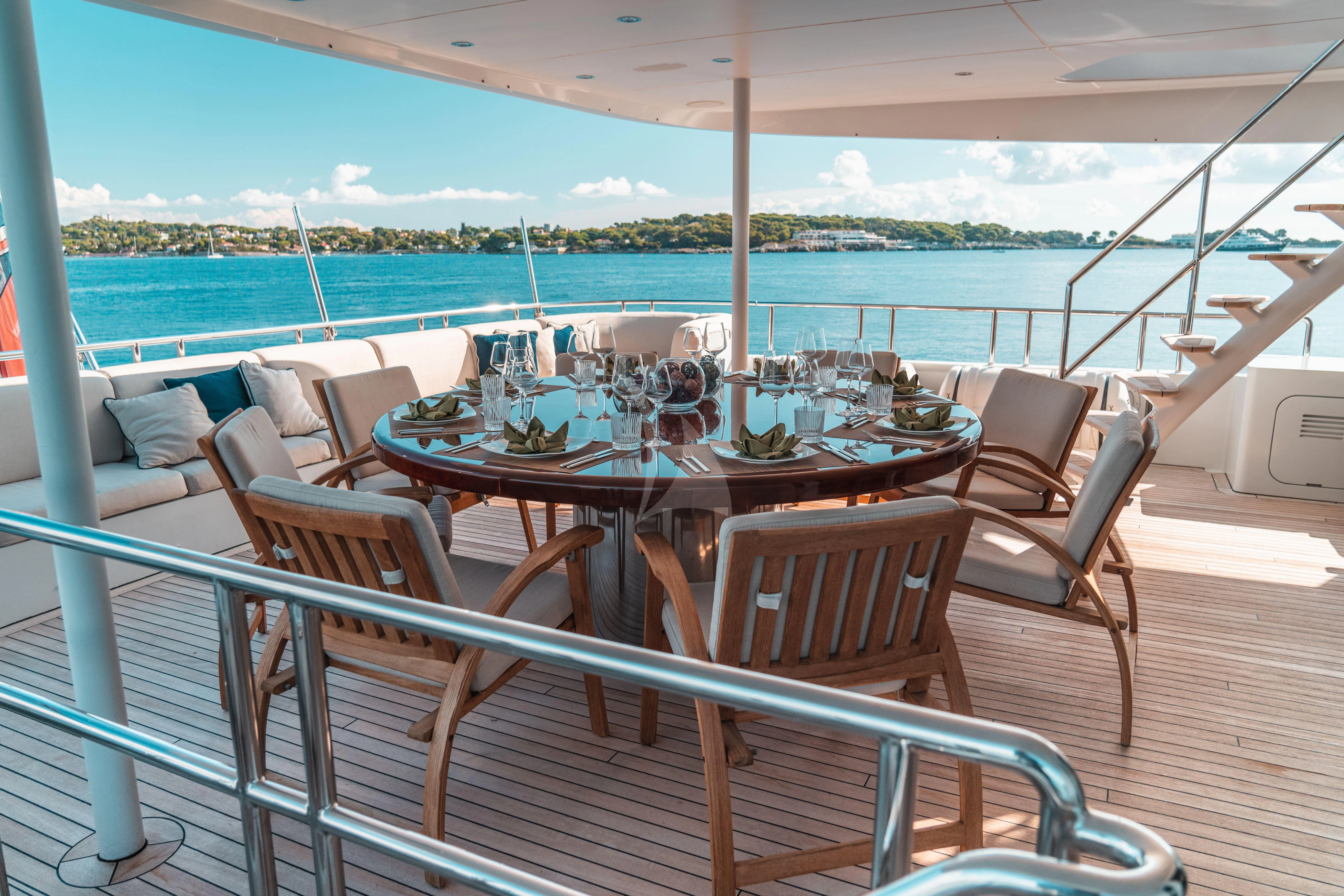 a table set for a meal on a deck overlooking the ocean aboard KIJO Yacht for Sale
