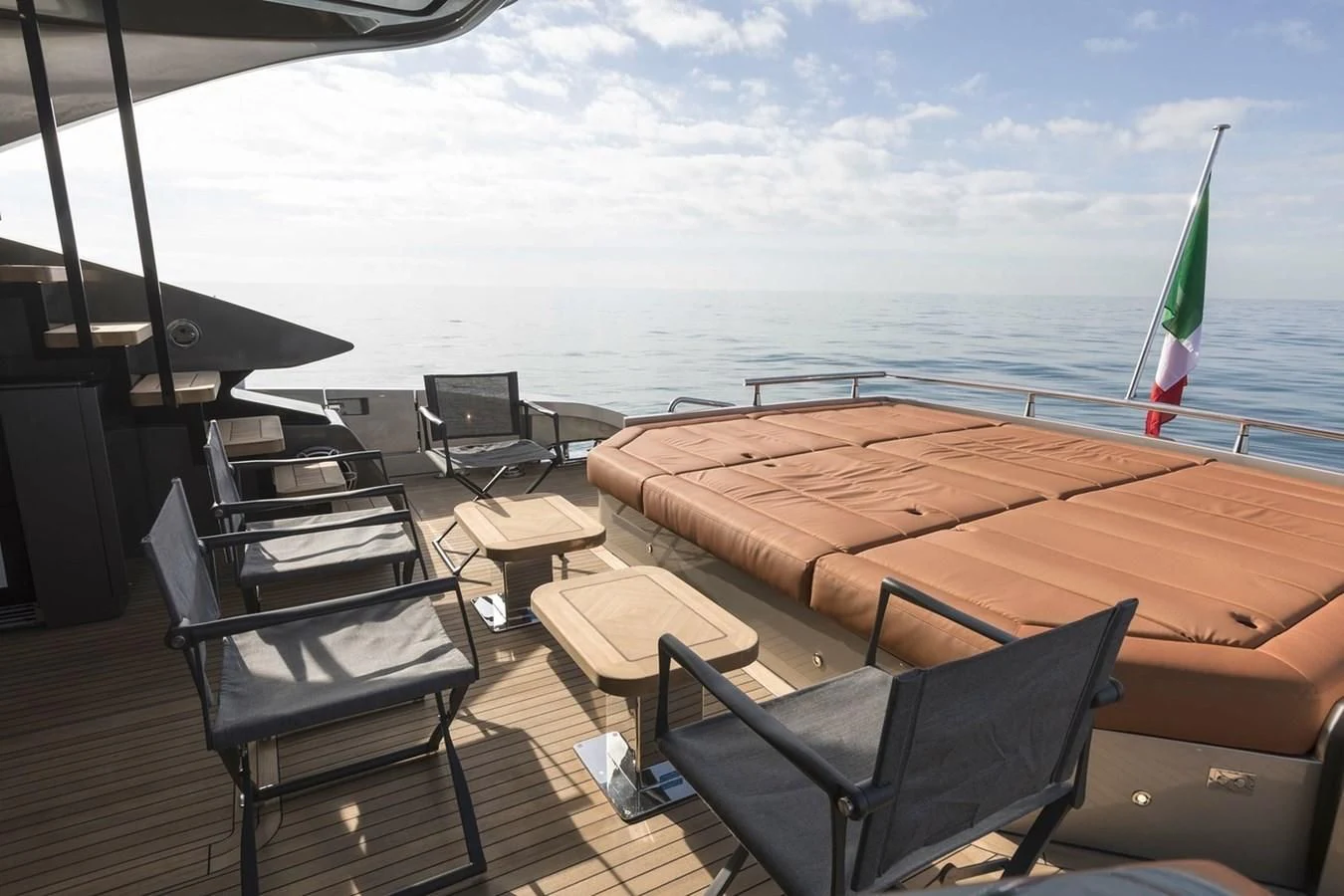 a deck with chairs and tables on it aboard INCENTIVIZED Yacht for Sale