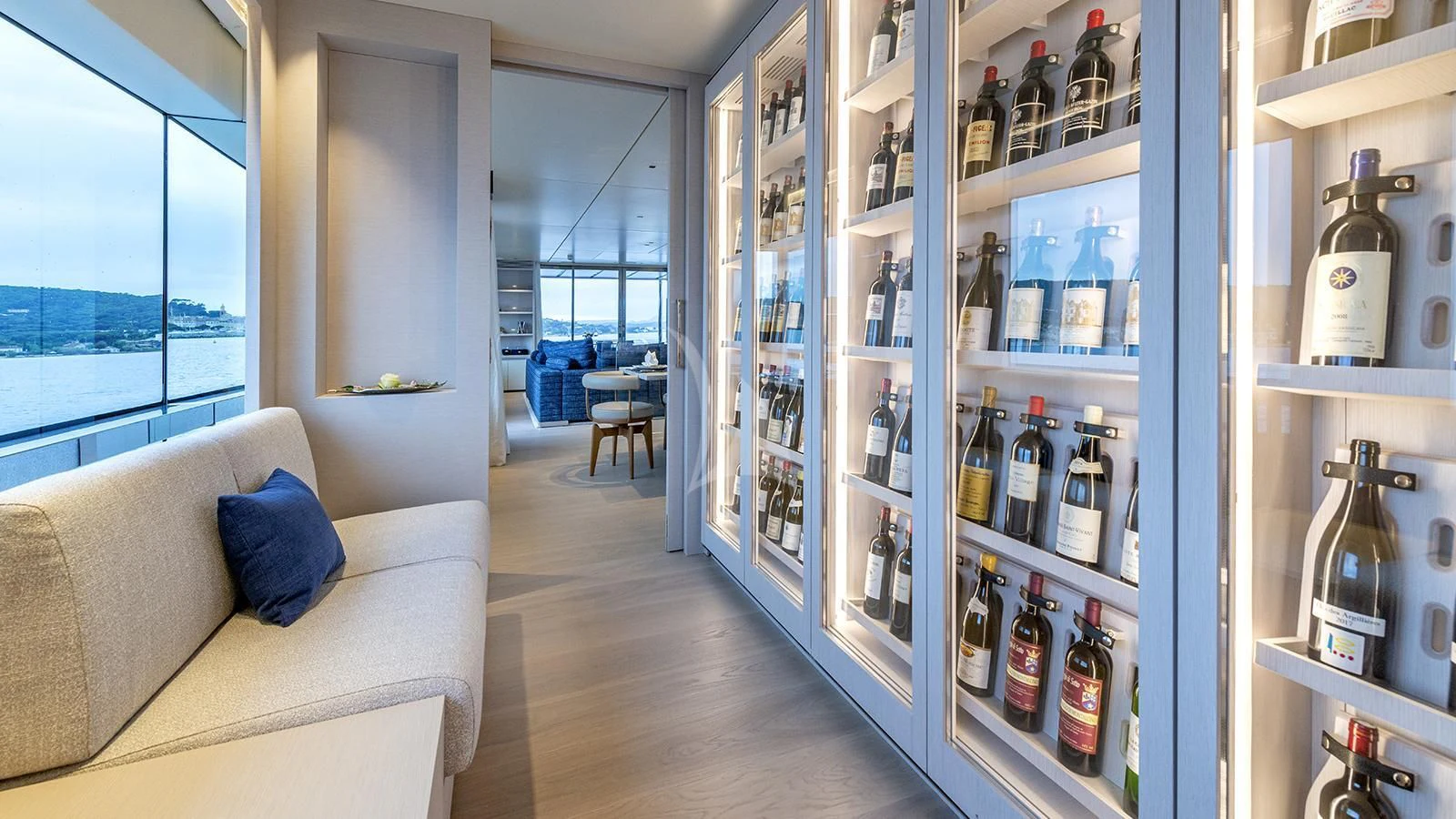 a room with shelves and bottles aboard ARSANA Yacht for Charter
