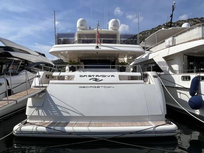 a white yacht docked aboard CASTA DIVA Yacht for Sale
