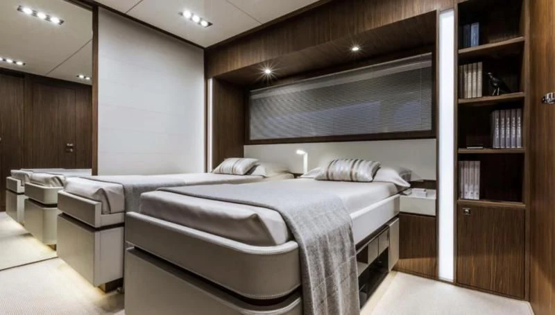 a room with two beds aboard OXIDANTE Yacht for Sale