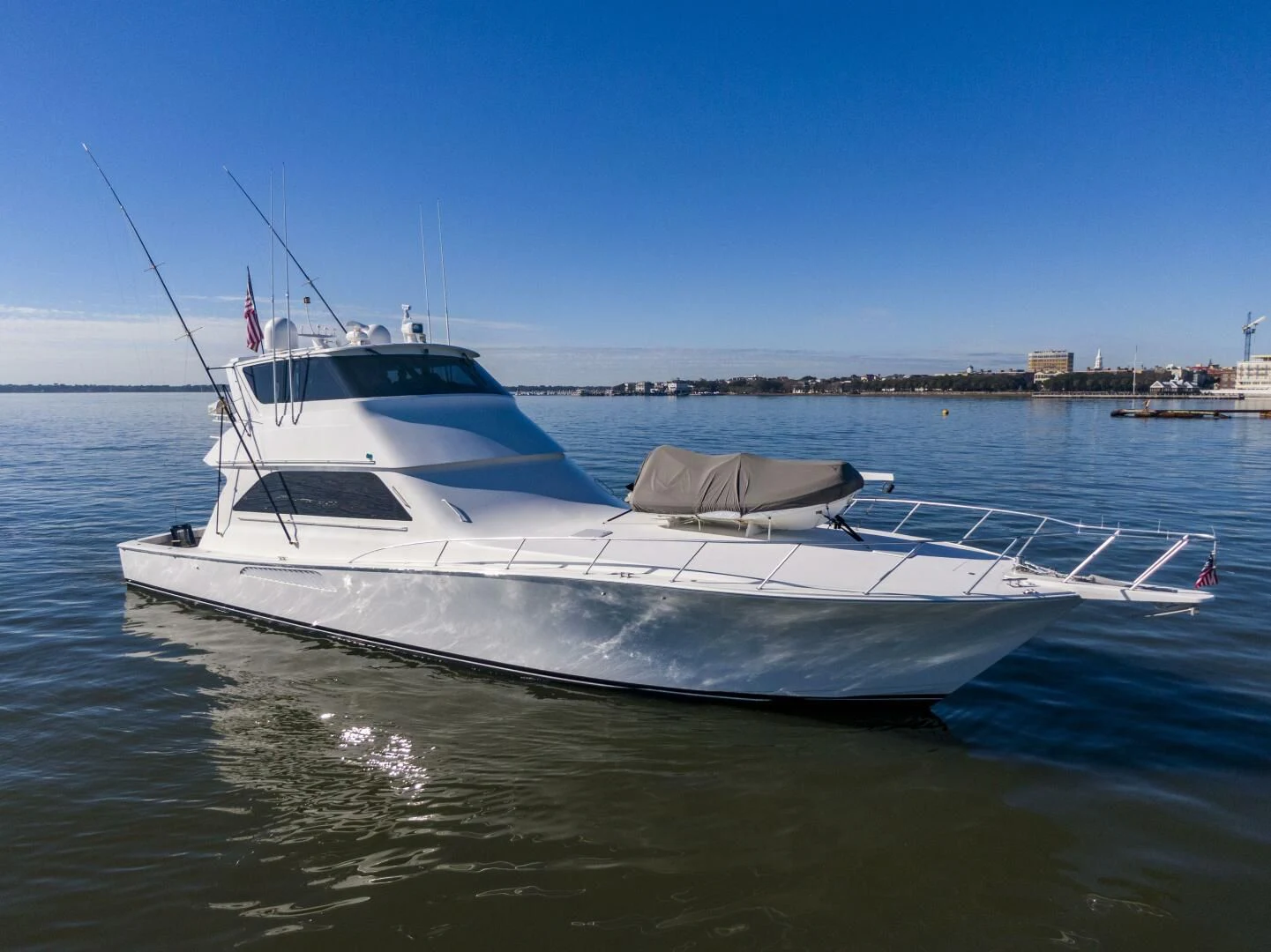a white boat in the water aboard PRIME TIME Yacht for Sale