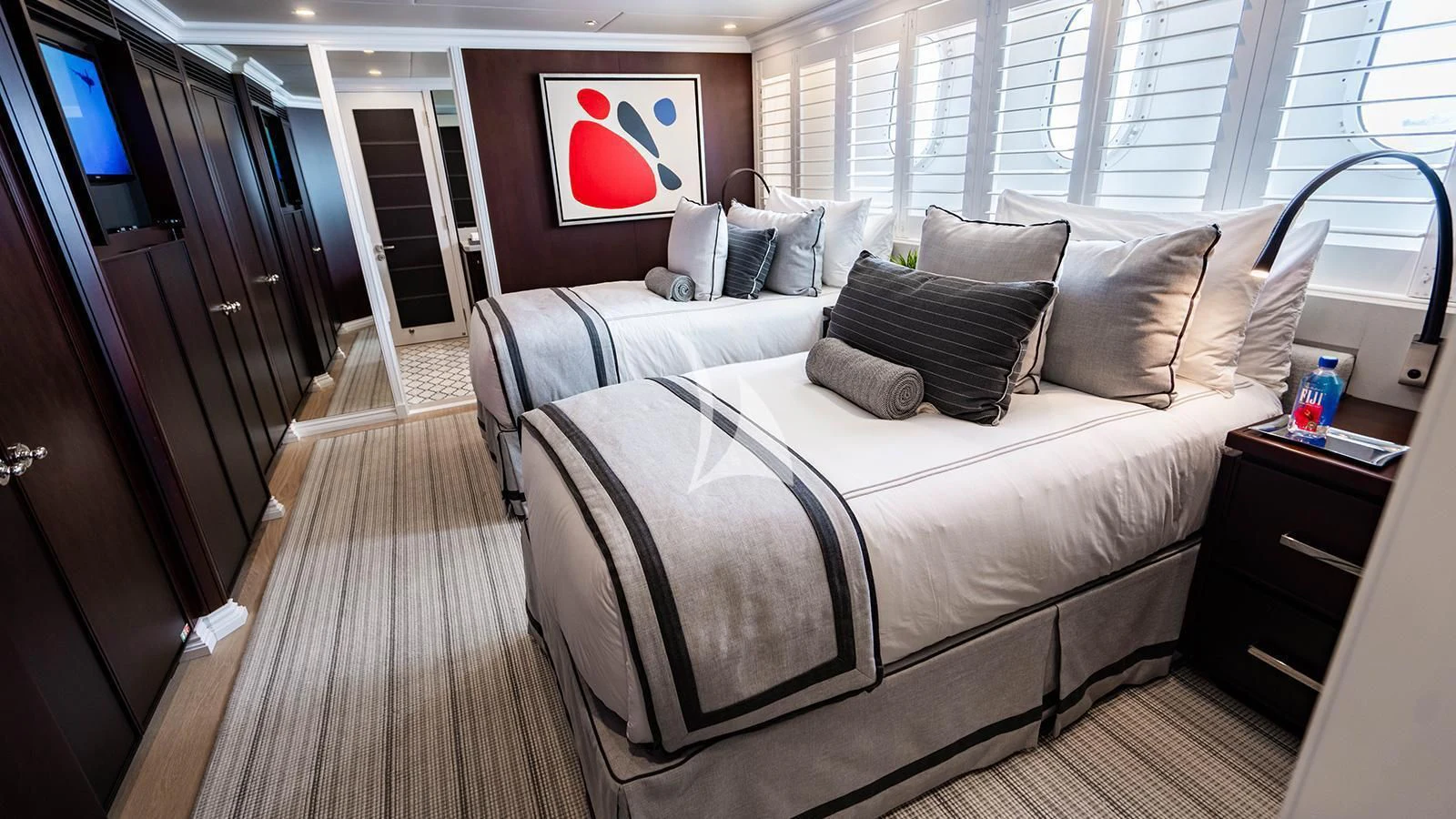 a bed in a room aboard ALTA Yacht for Sale