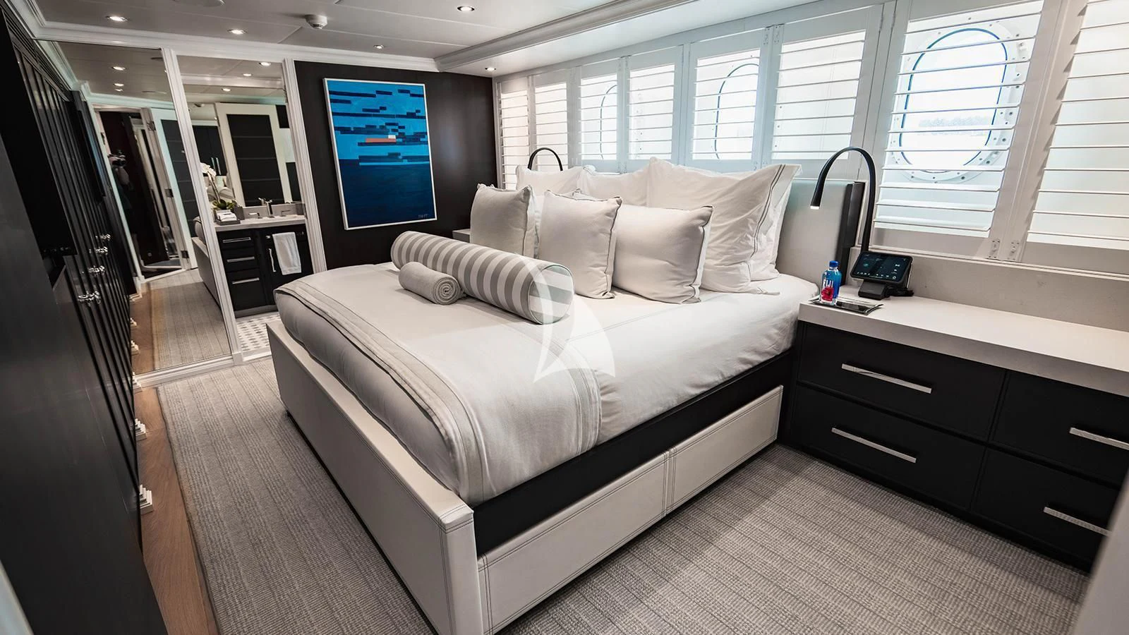 a bed in a room aboard ALTA Yacht for Sale