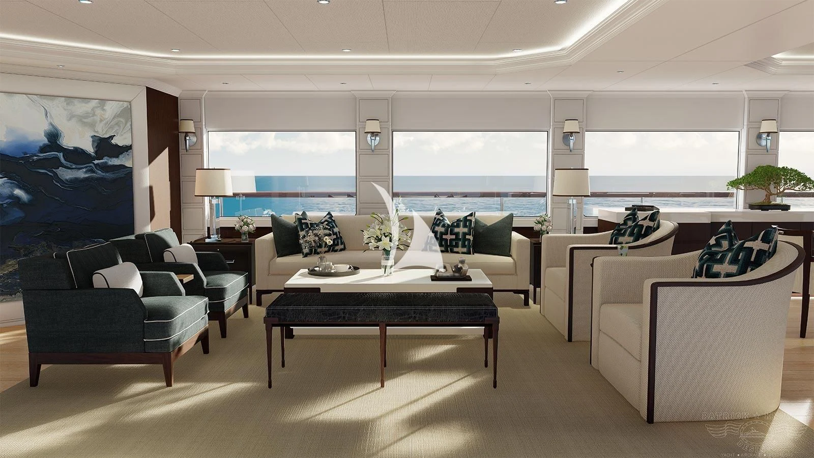 a living room with a large window aboard ALTA Yacht for Sale