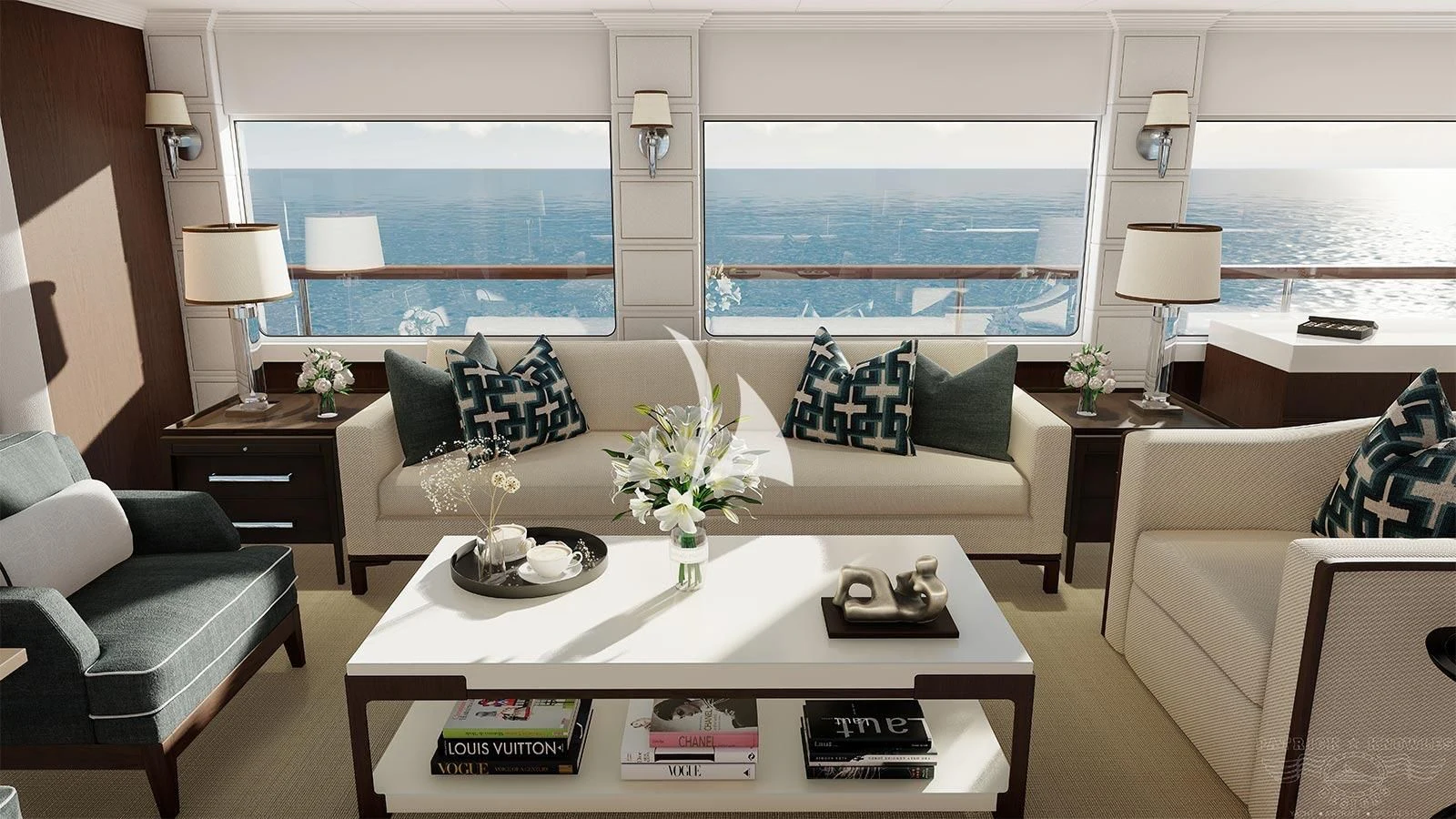 a living room with a large window aboard ALTA Yacht for Sale