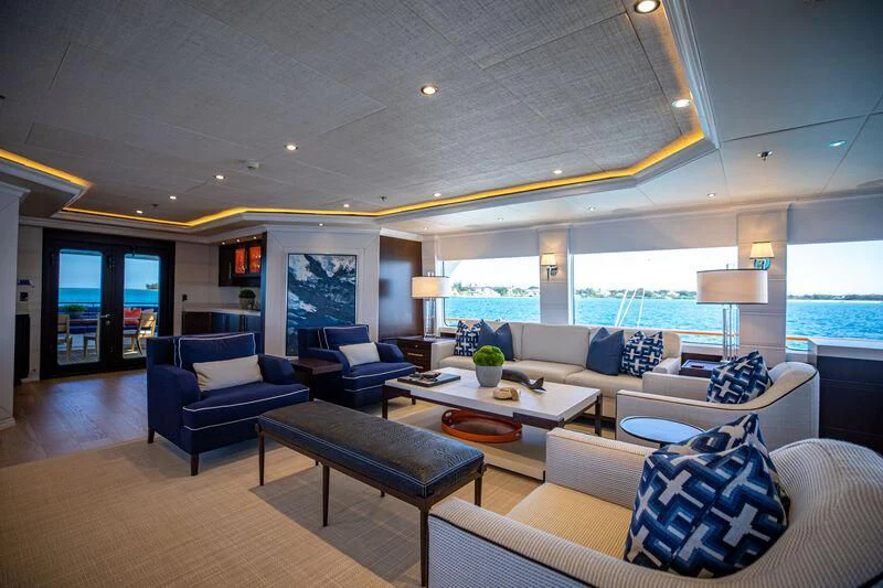 a living room with a large window aboard ALTA Yacht for Sale