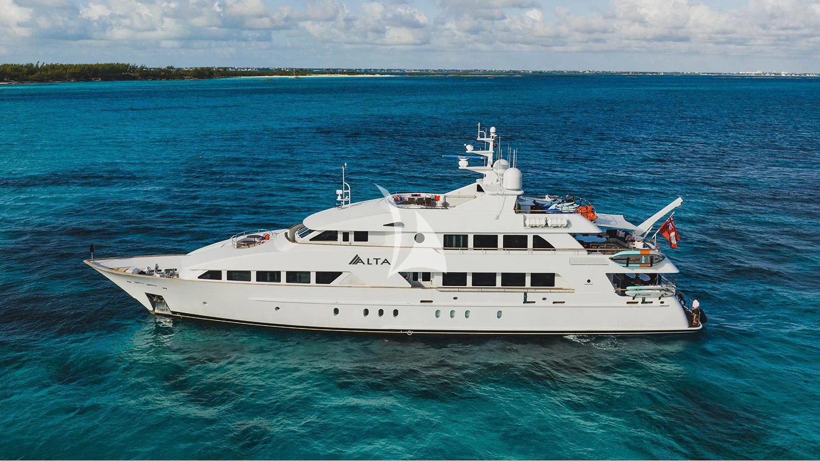 a white boat in the water aboard ALTA Yacht for Sale