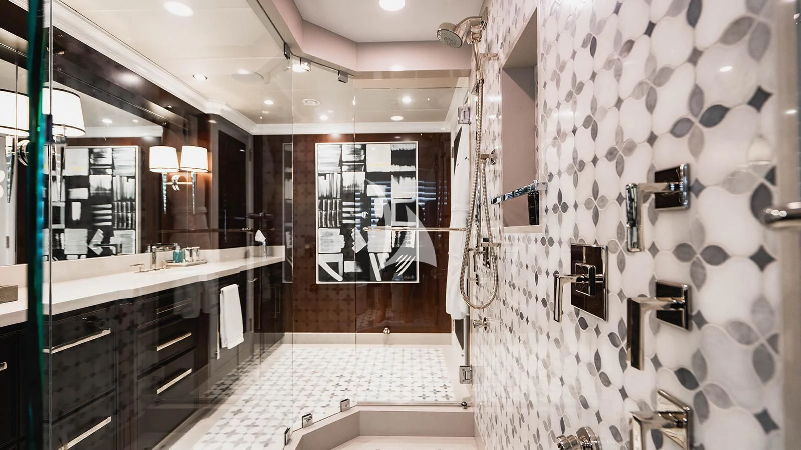 a bathroom with a sink and a mirror aboard ALTA Yacht for Sale