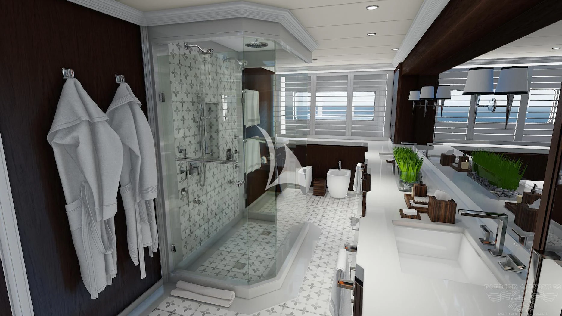 a large bathroom with a large tub aboard ALTA Yacht for Sale