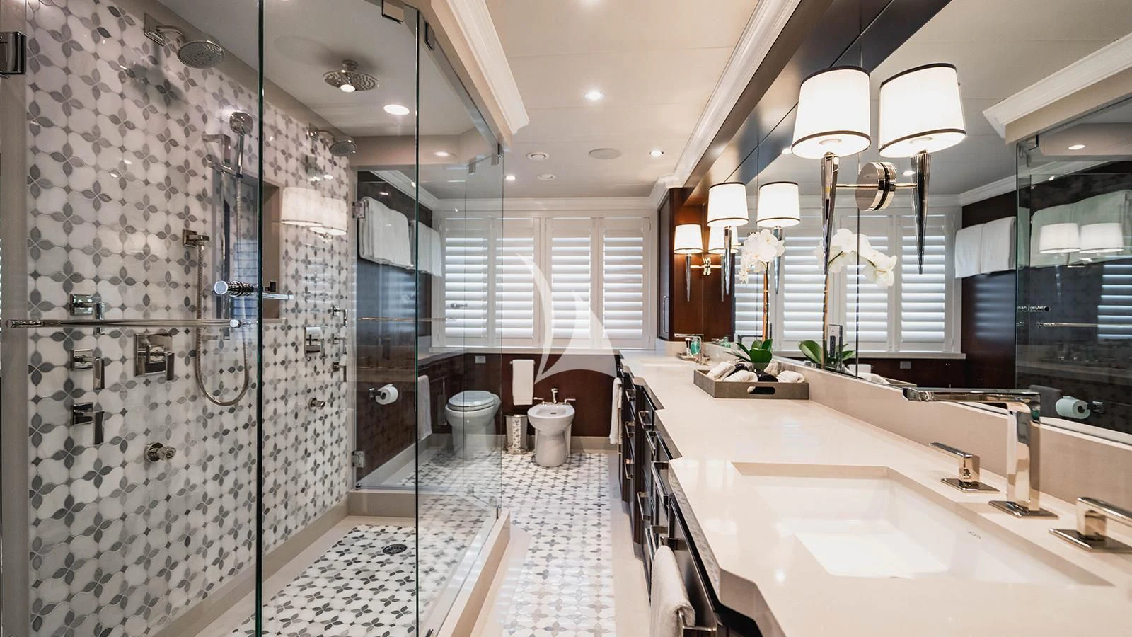 a bathroom with a large shower aboard ALTA Yacht for Sale