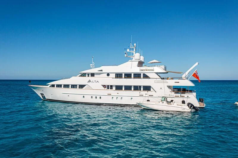 a large white boat in the water aboard ALTA Yacht for Sale