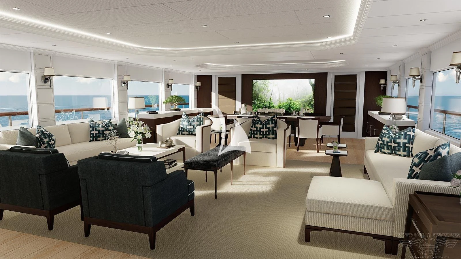 a large living room with a large table and chairs aboard ALTA Yacht for Sale