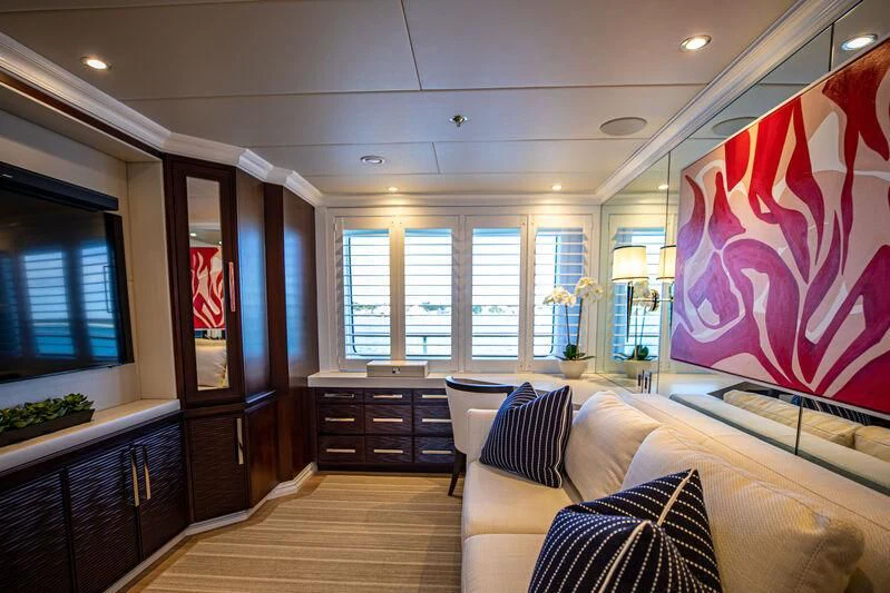 a living room with a large window aboard ALTA Yacht for Sale