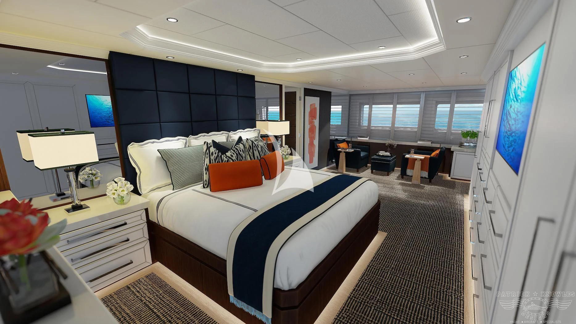 a bedroom with a large bed aboard ALTA Yacht for Sale