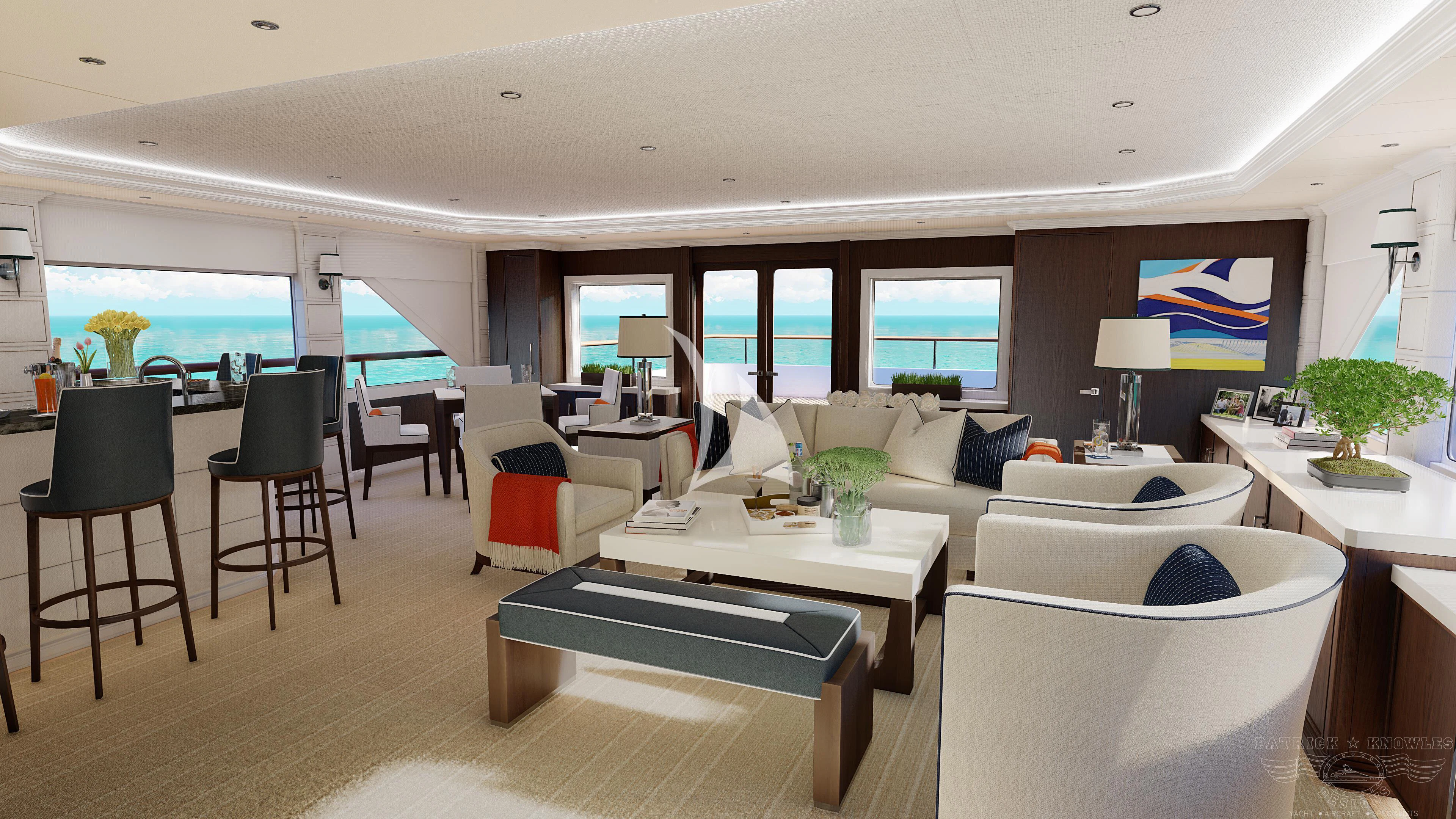 a room with tables chairs and a couch aboard ALTA Yacht for Sale