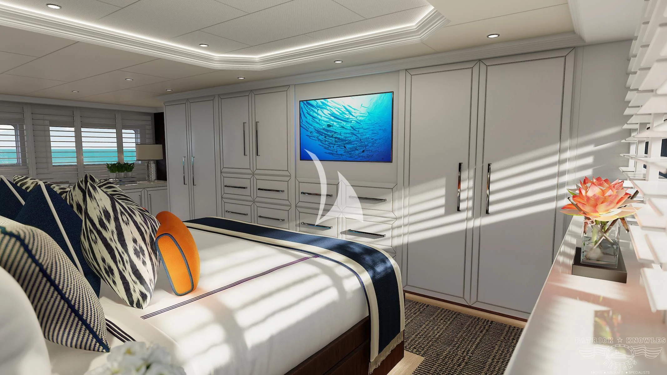 a room with a bed and a tv aboard ALTA Yacht for Sale
