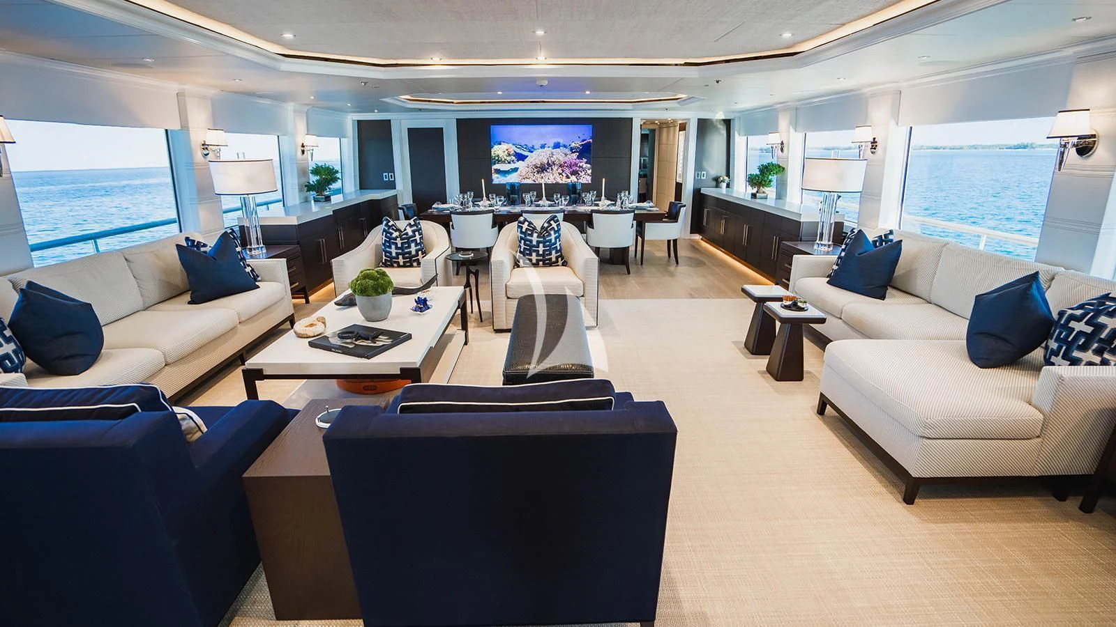 a living room with a large window aboard ALTA Yacht for Sale