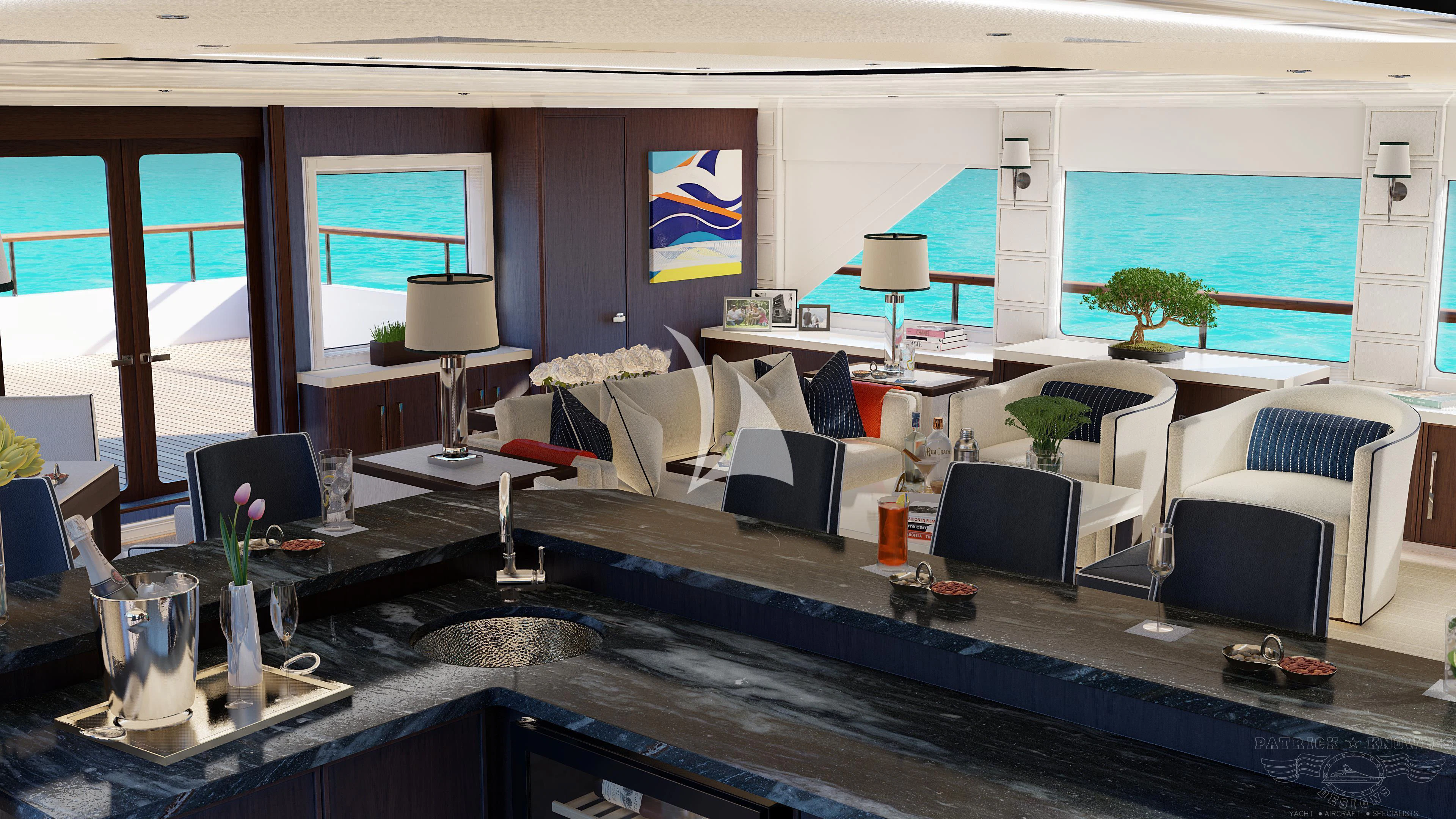 a room with a large table and chairs and a large window aboard ALTA Yacht for Sale
