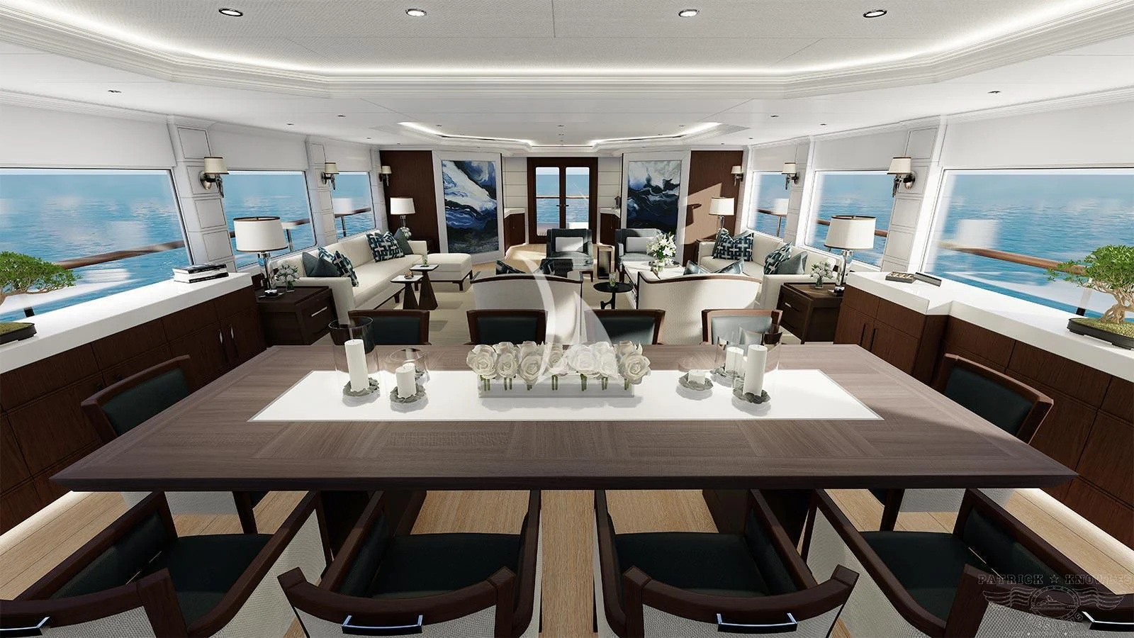 a large conference room with tables and chairs aboard ALTA Yacht for Sale