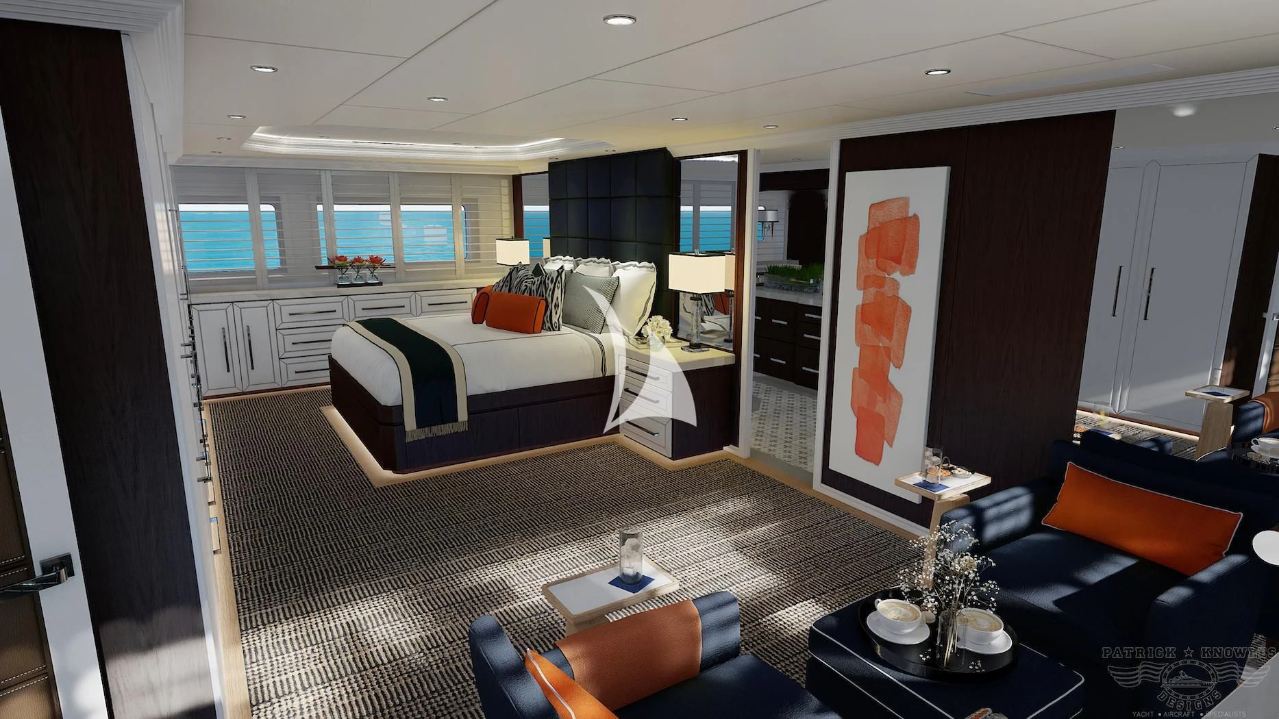 a living room with a large bed aboard ALTA Yacht for Sale
