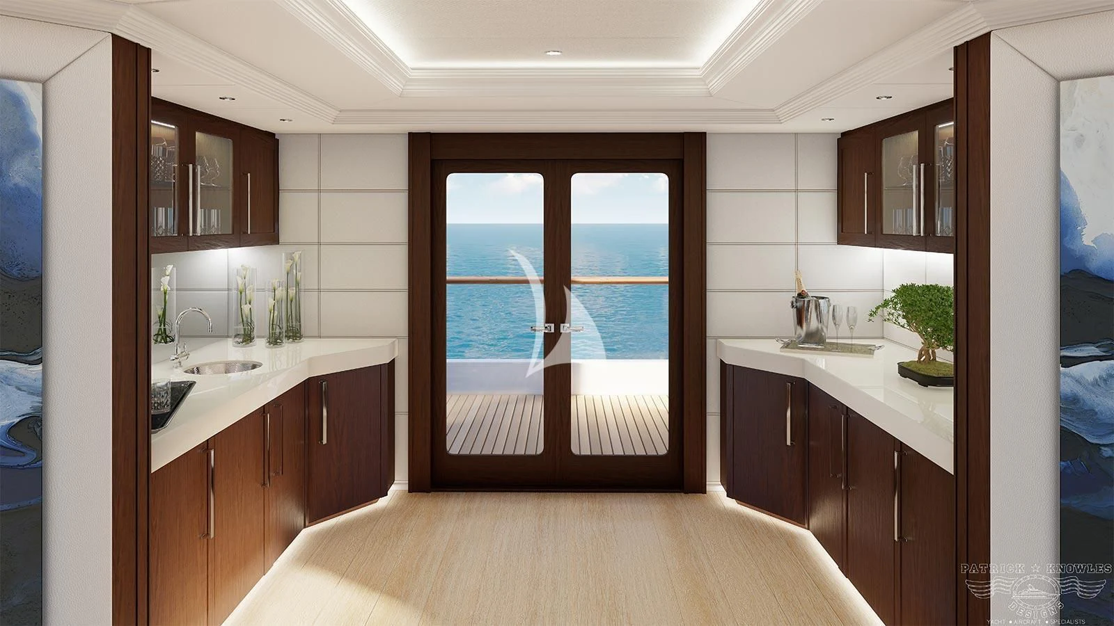 a kitchen with a large window aboard ALTA Yacht for Sale