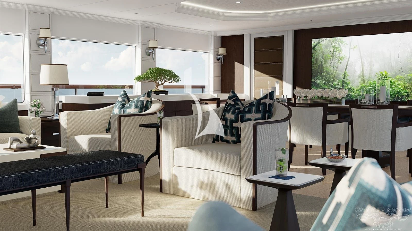 a living room with white furniture aboard ALTA Yacht for Sale