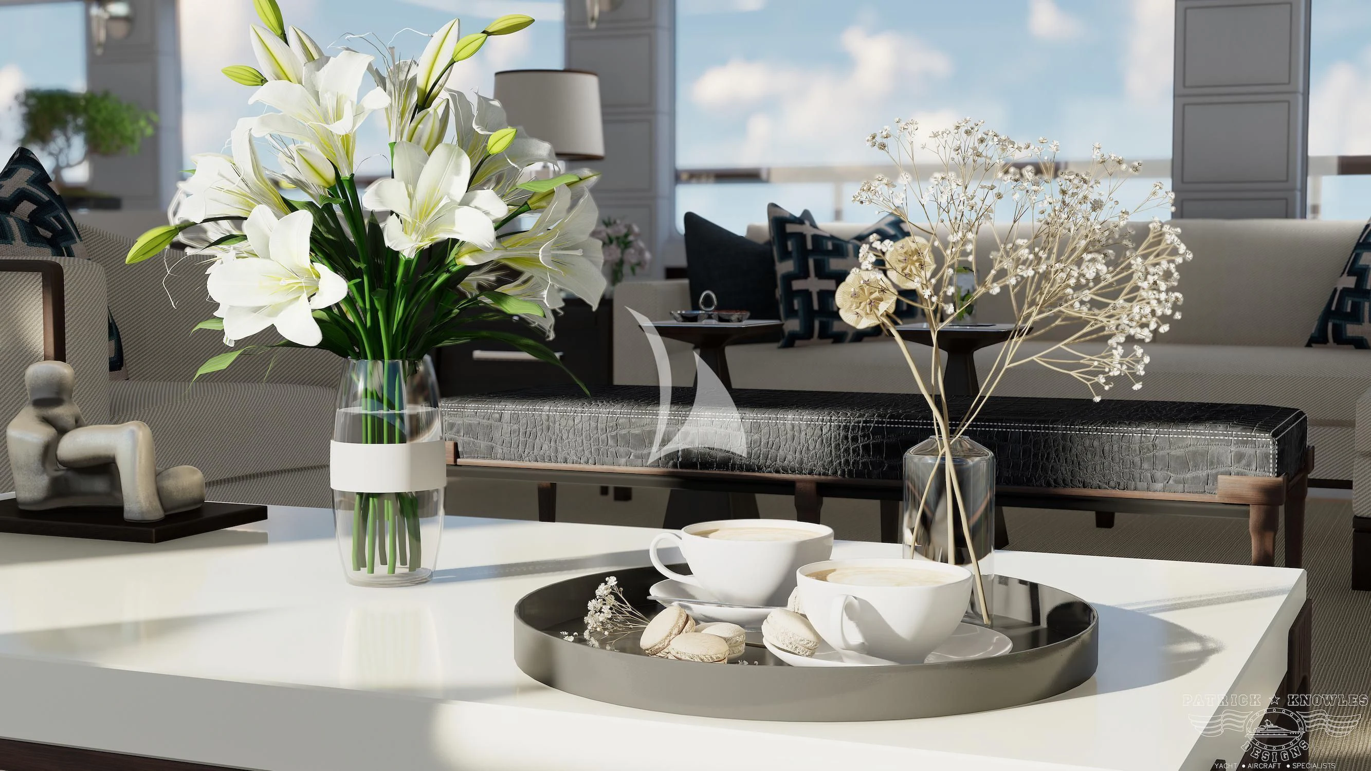 a vase of flowers sits on a table aboard ALTA Yacht for Sale