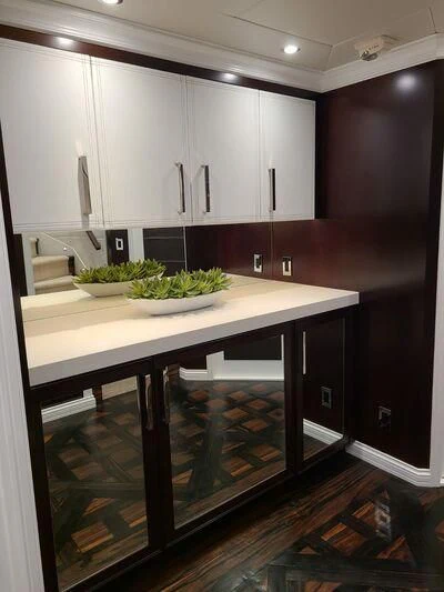 a kitchen with a large island aboard ALTA Yacht for Sale
