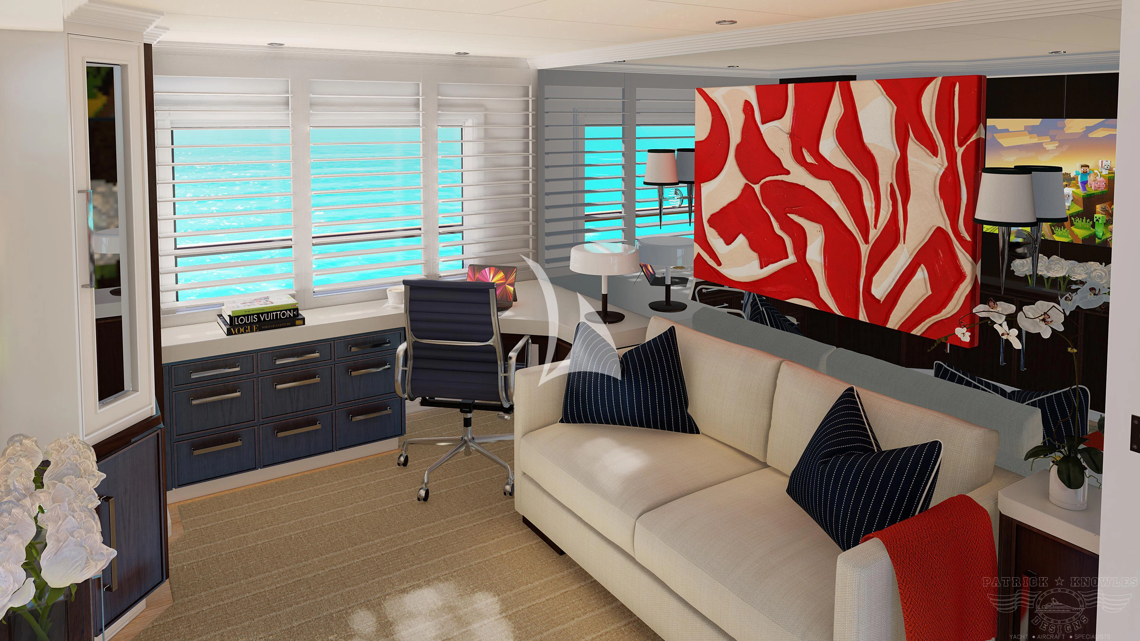 a living room with a red and white banner on the wall aboard ALTA Yacht for Sale