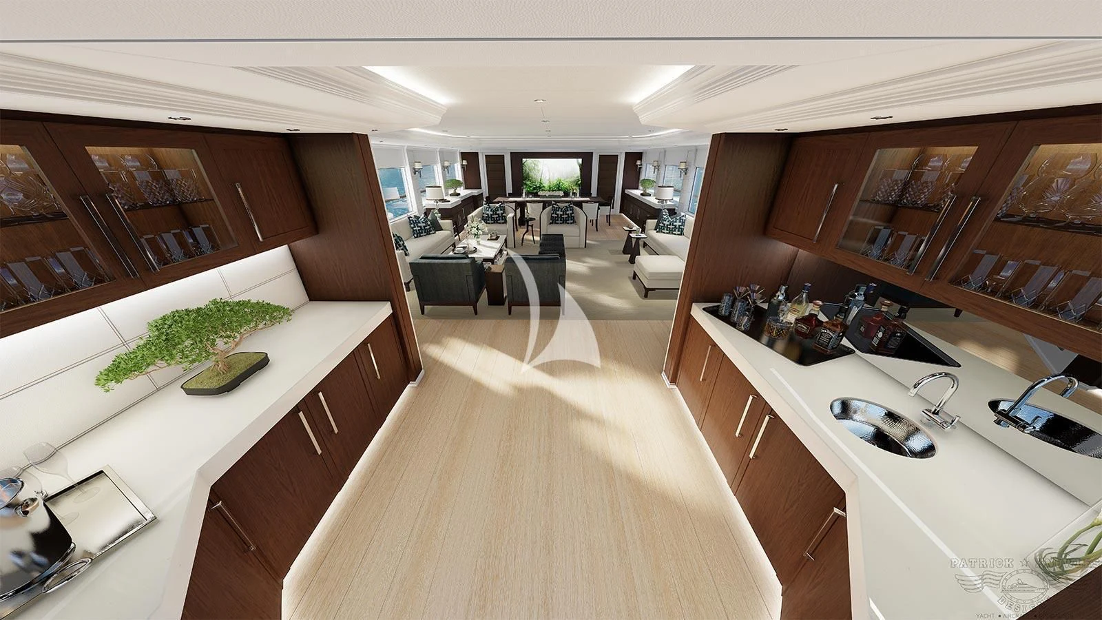 a large kitchen with a large island aboard ALTA Yacht for Sale