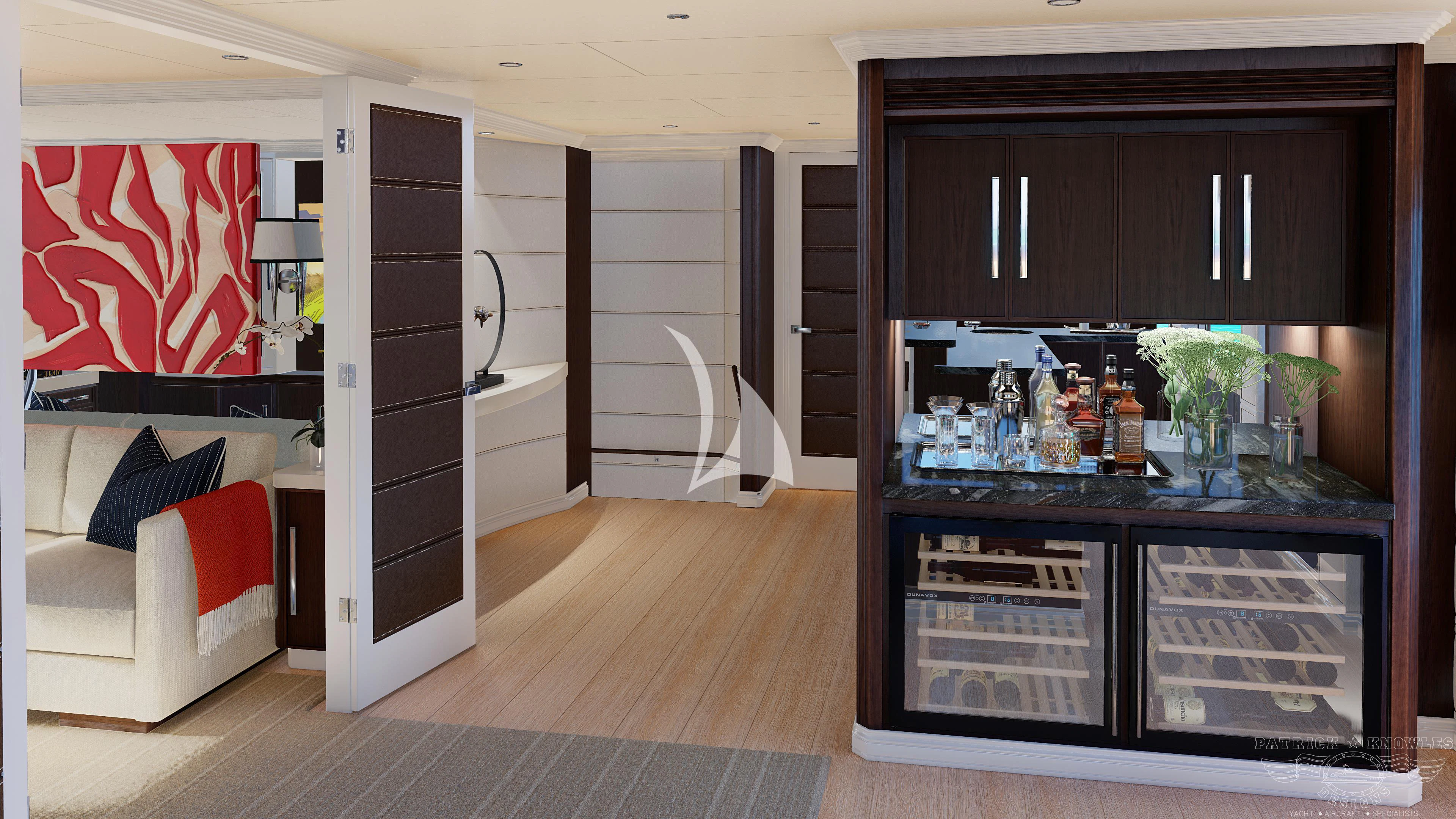 a room with a large cabinet and a counter with a sink and a mirror aboard ALTA Yacht for Sale