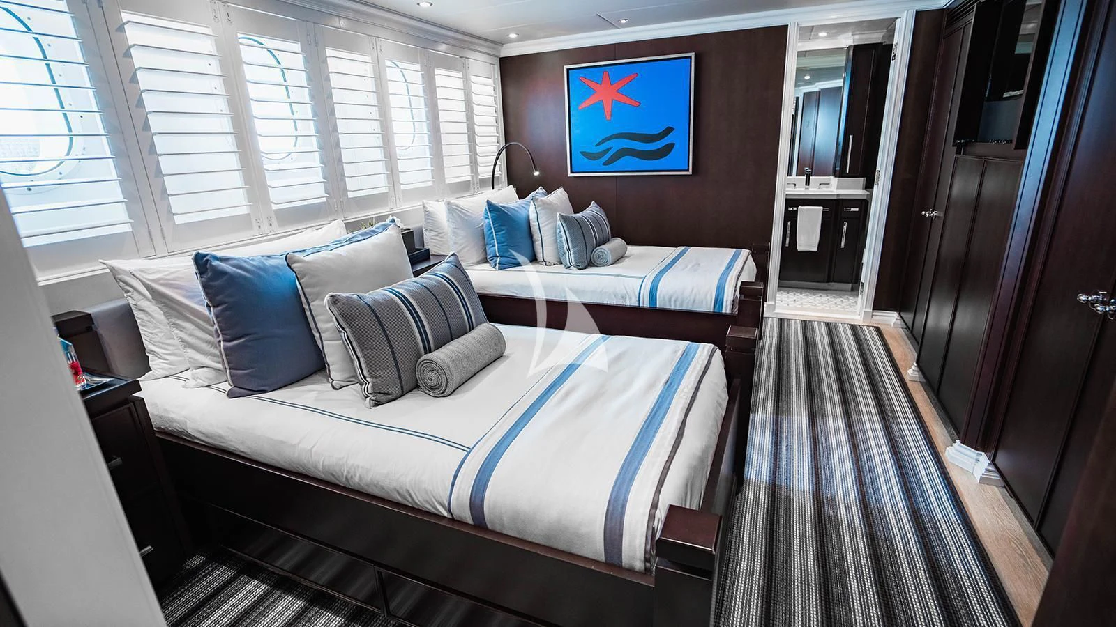 a bed in a room aboard ALTA Yacht for Sale