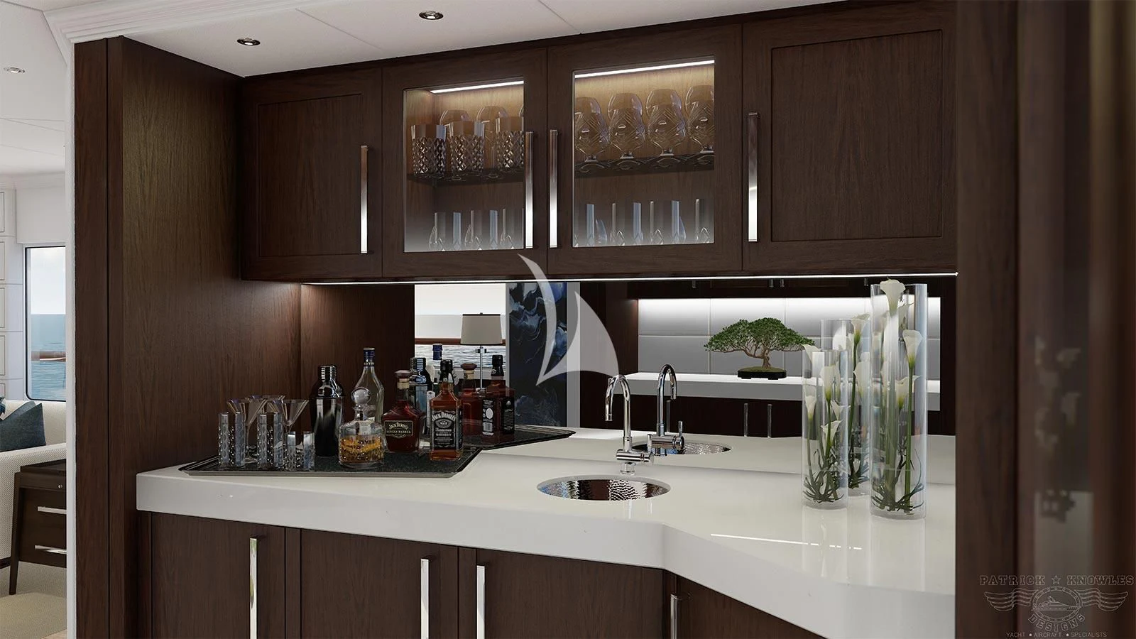 a kitchen with wooden cabinets aboard ALTA Yacht for Sale