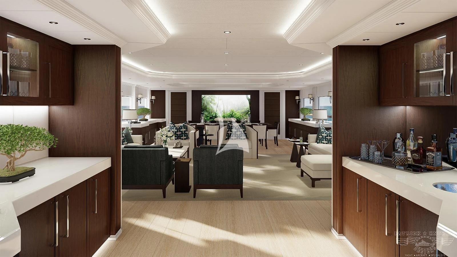 a kitchen with a dining area aboard ALTA Yacht for Sale