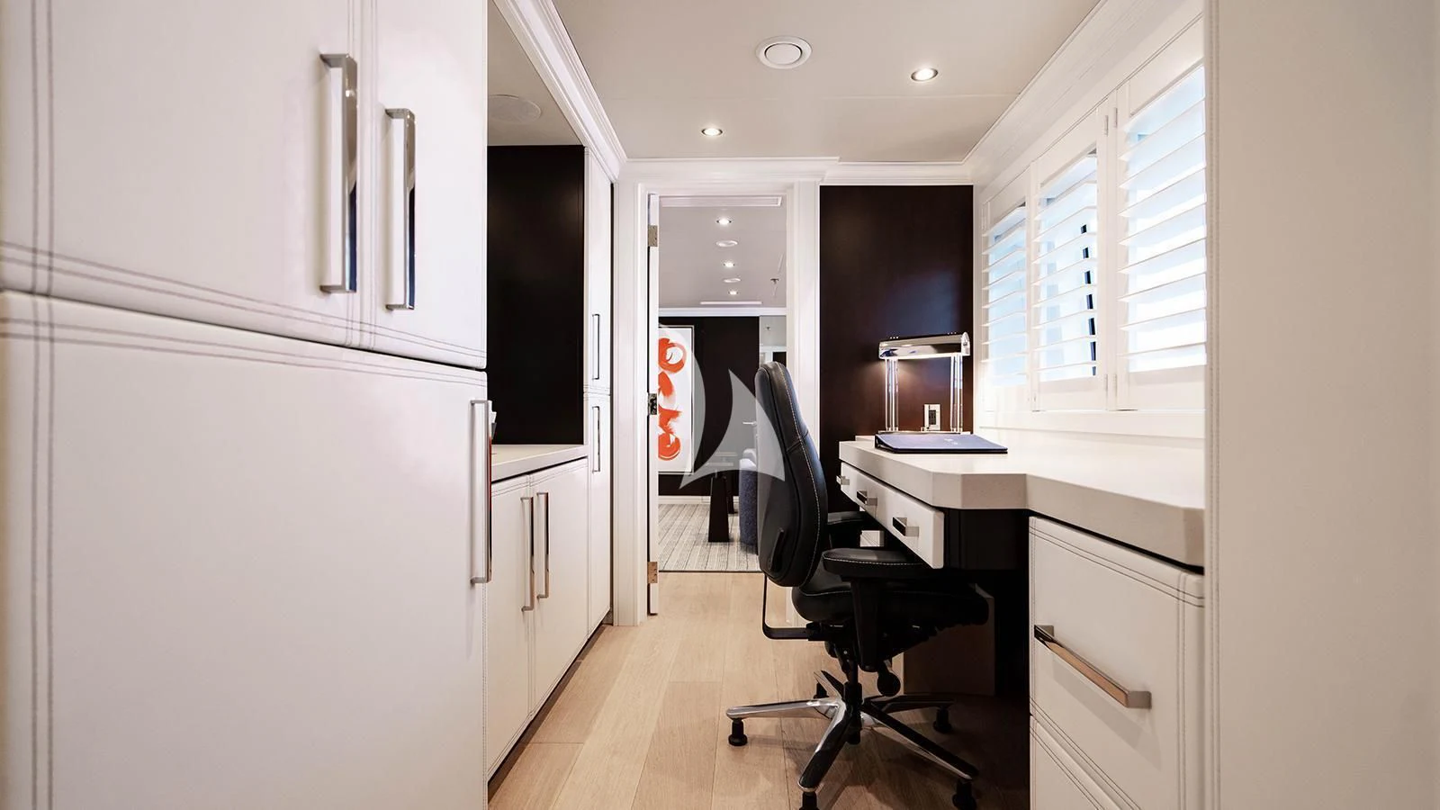 a room with a desk and a chair aboard ALTA Yacht for Sale