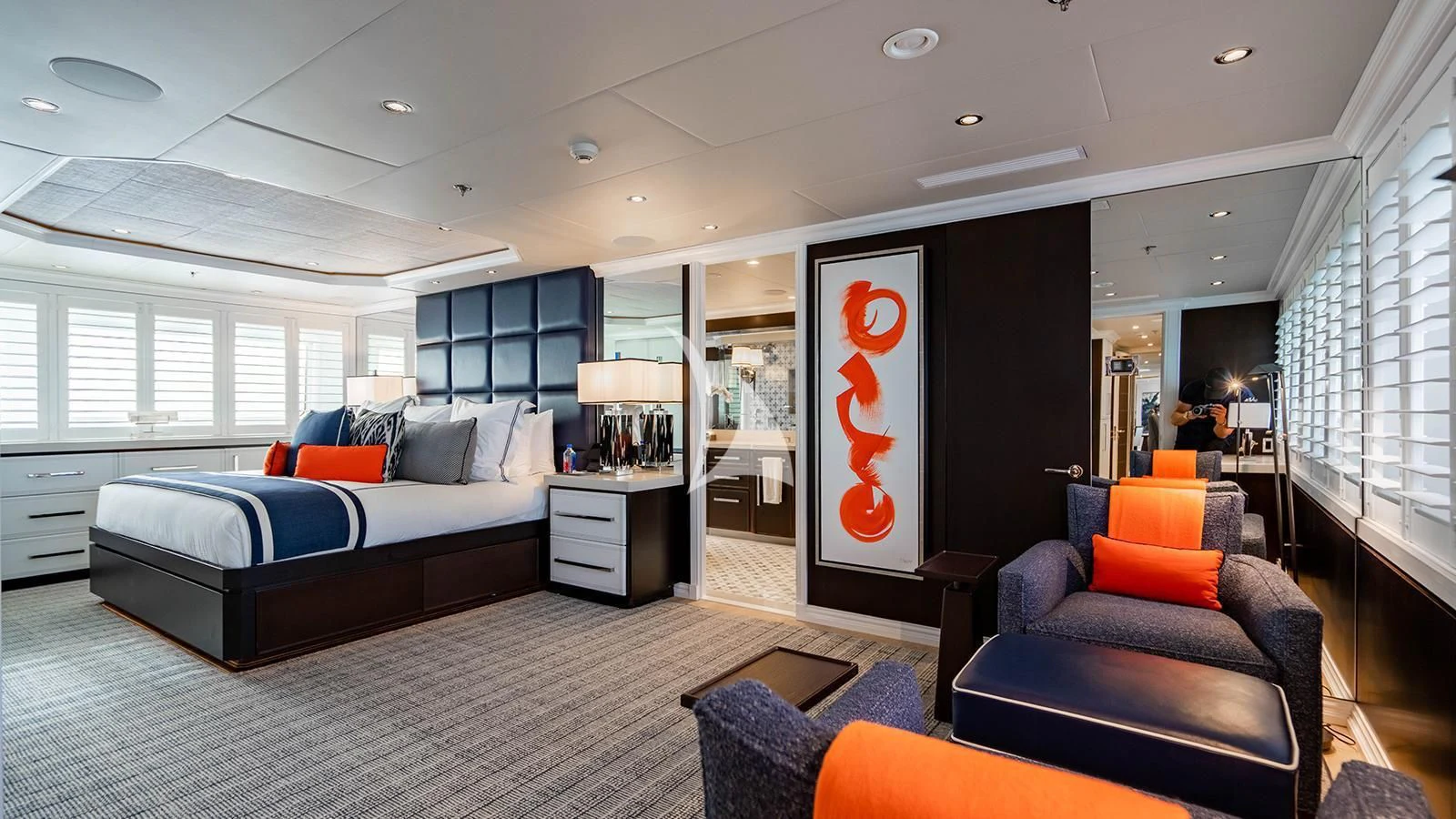 a living room with a couch and a bed aboard ALTA Yacht for Sale