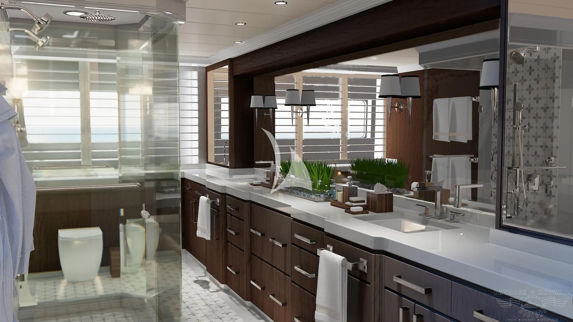 a bathroom with a large mirror aboard ALTA Yacht for Sale