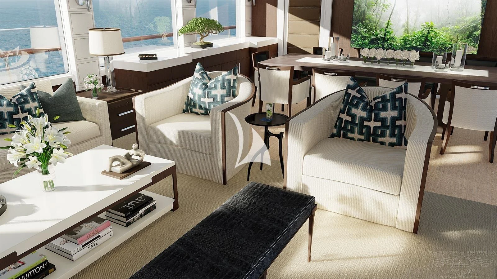 a living room with a white couch and a coffee table aboard ALTA Yacht for Sale
