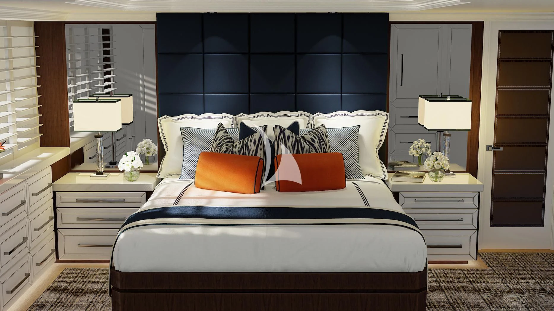 a bedroom with a bed and a mirror aboard ALTA Yacht for Sale