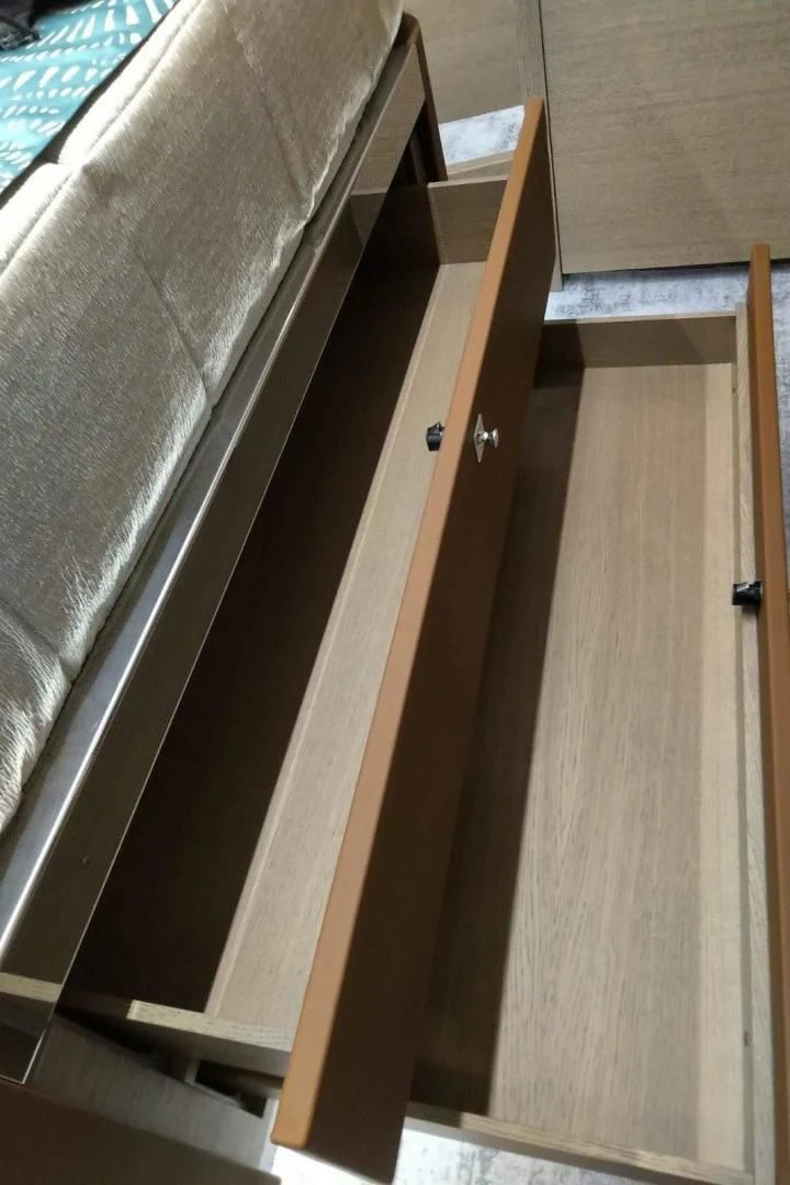 a wooden shelf with a towel aboard SERENITY Yacht for Sale
