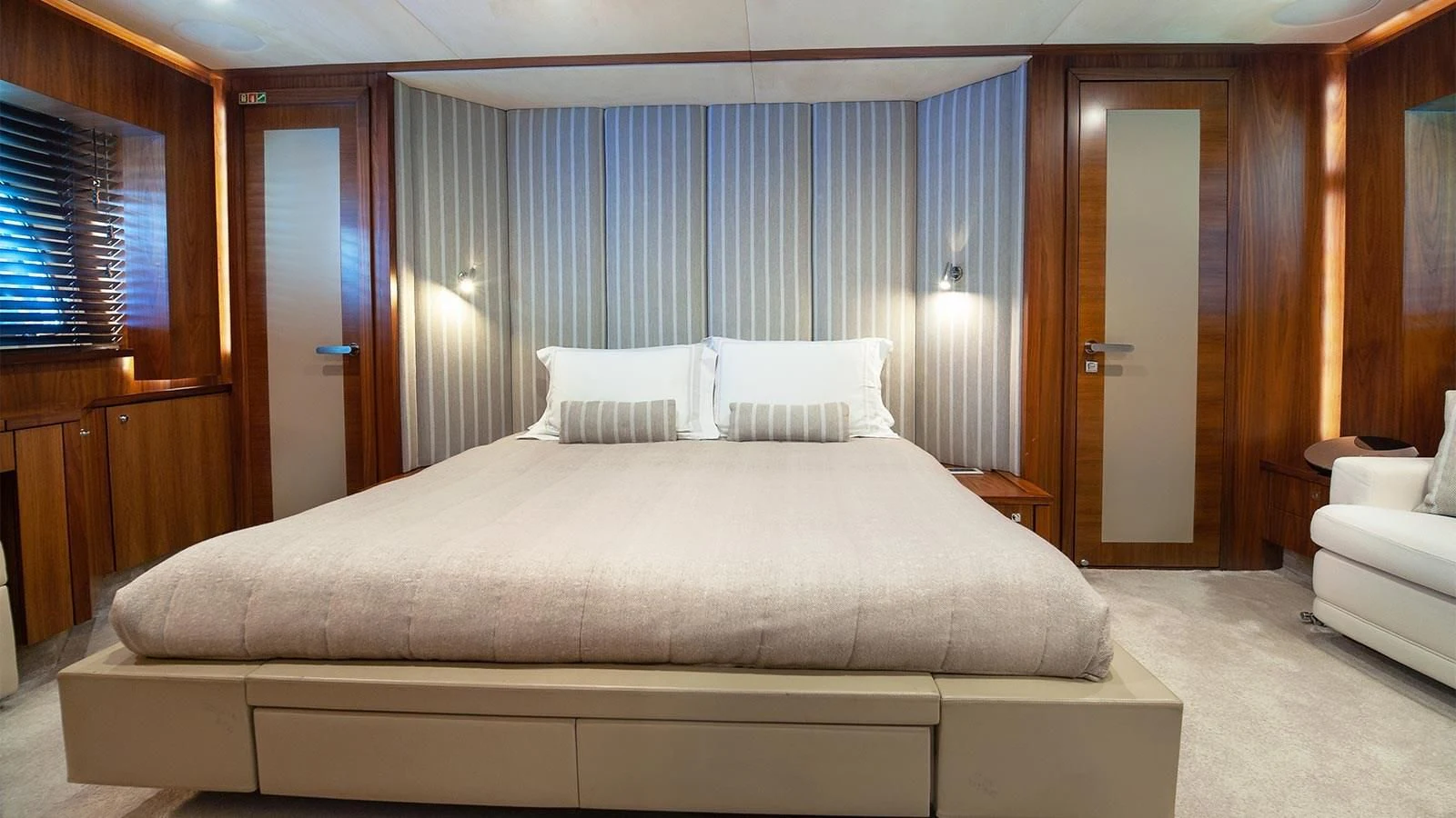 a bed with white sheets aboard BLADE 6 Yacht for Charter