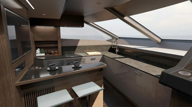 a kitchen with a large island aboard SUNSEEKER 88/508 Yacht for Sale