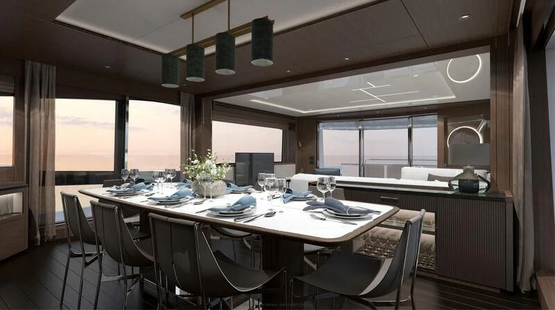 a large dining room with a large table and chairs aboard SUNSEEKER 88/508 Yacht for Sale