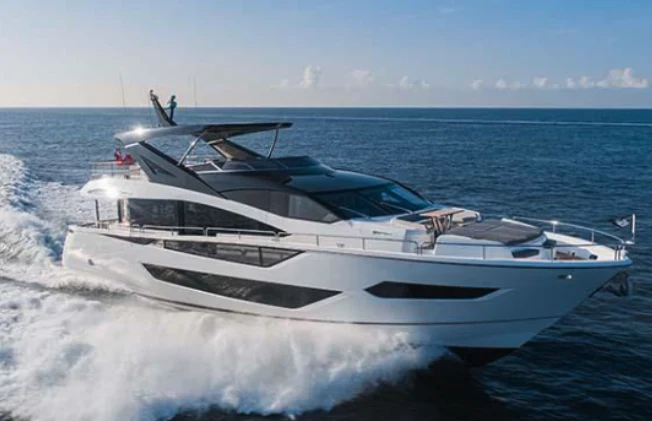 a white yacht on the water aboard SUNSEEKER 88/508 Yacht for Sale