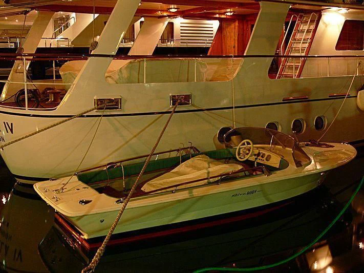 a boat in a building aboard PAMELA IV Yacht for Sale