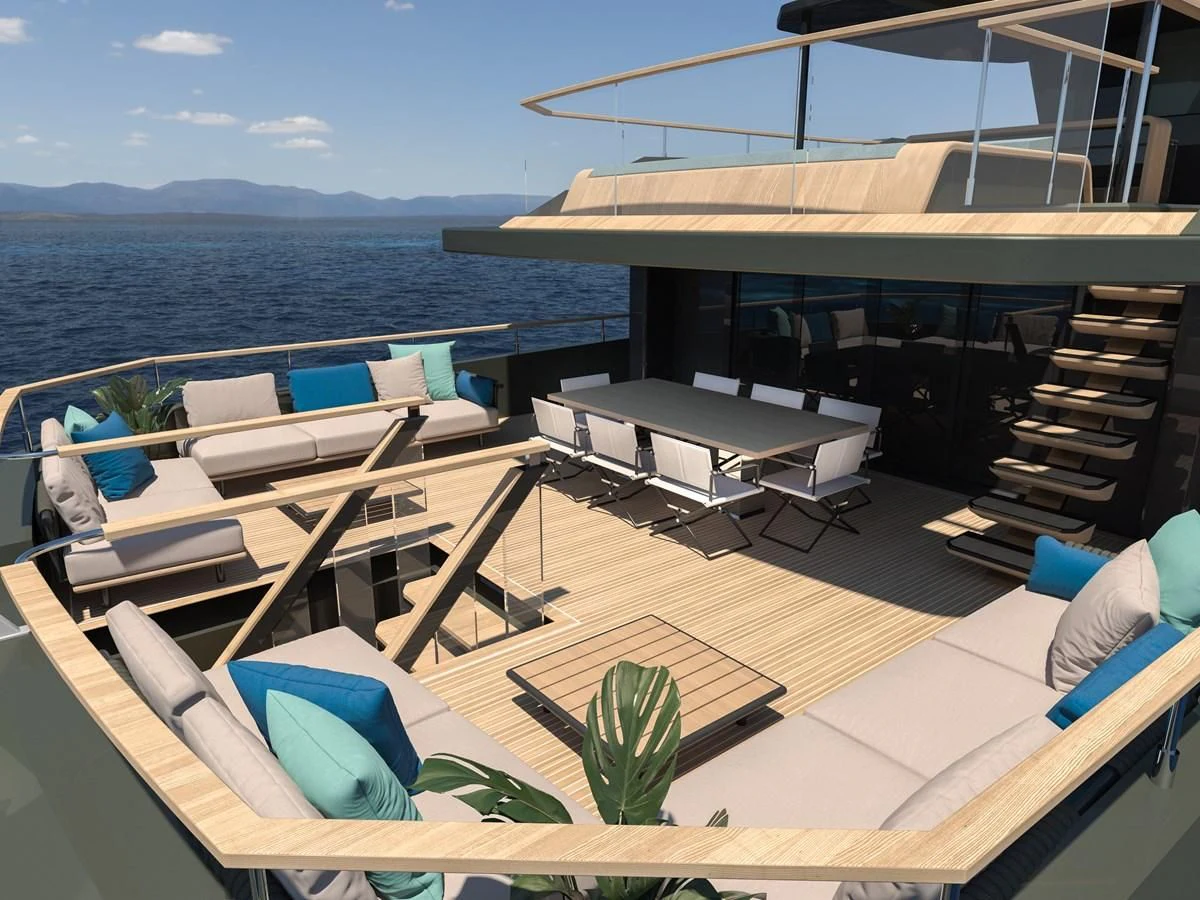 a deck with chairs and tables on it aboard FL38 Yacht for Sale